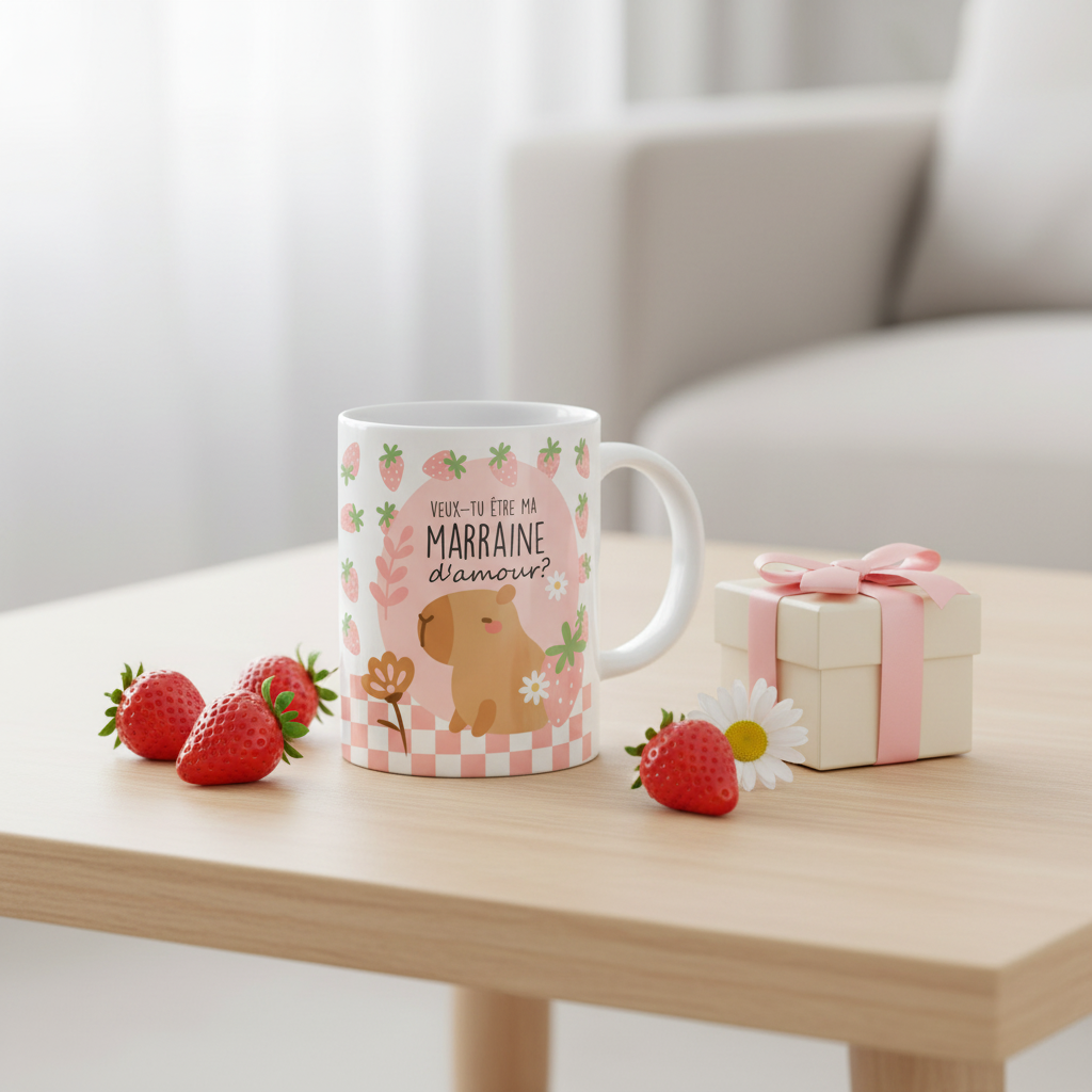 Tasse capybara Marraine d'amour - décor table café fraises et cadeau
