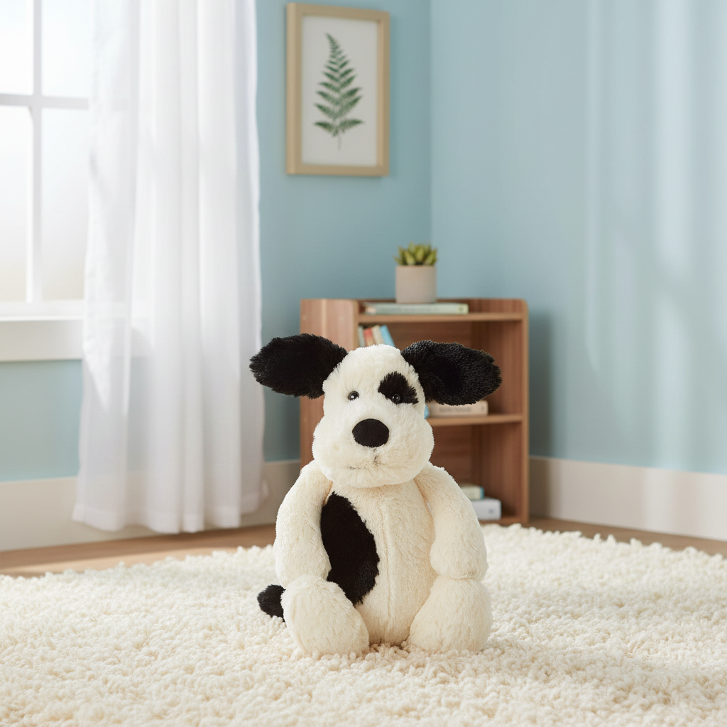 Rufferty Puppy Jellycat posé sur un tapis doux dans un coin lecture pastel