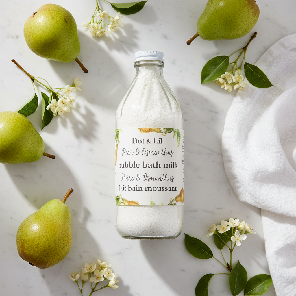 Lait bain moussant Poire Osmanthus Dot & Lil flat lay avec poires