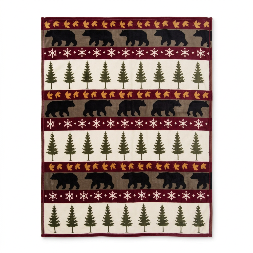 Couverture Tall Pine à motifs d’ours et de sapins déployée sur fond blanc