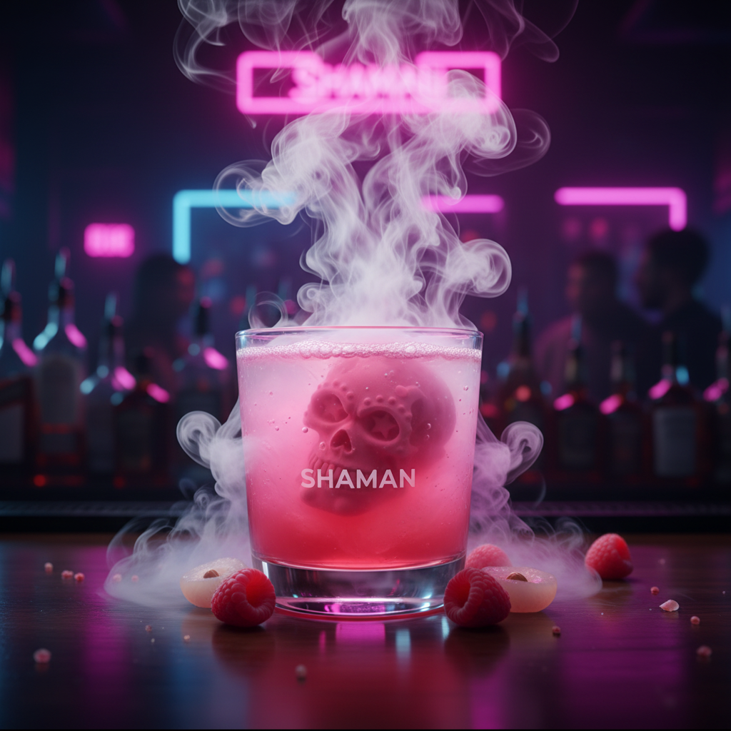 Bombe à cocktail Shaman dans un verre fumant, ambiance bar néon rose et violet