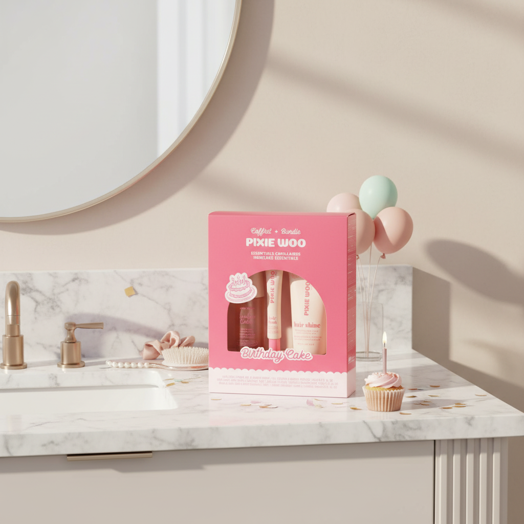 Coffret Pixie Woo Birthday Cake présenté dans un coin beauté pastel