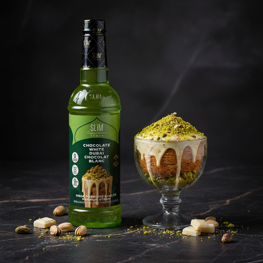 Sirop SLiM Chocolat Blanc Dubai avec coupe kunafa, pistaches, chocolat blanc et feuille d'or, ambiance luxe moyen-oriental