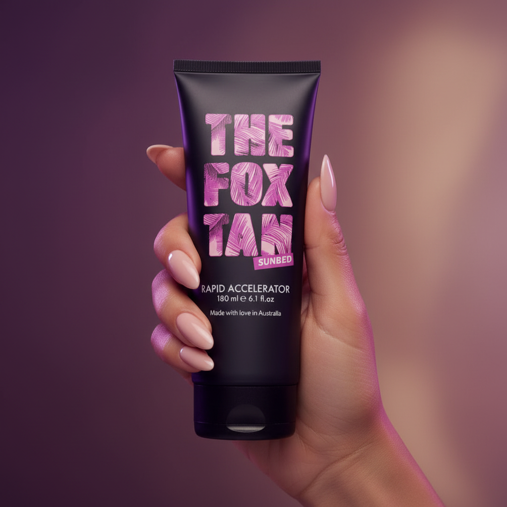 The Fox Tan Sunbed Rapid Accelerator tenu dans les mains avec lumière studio violette
