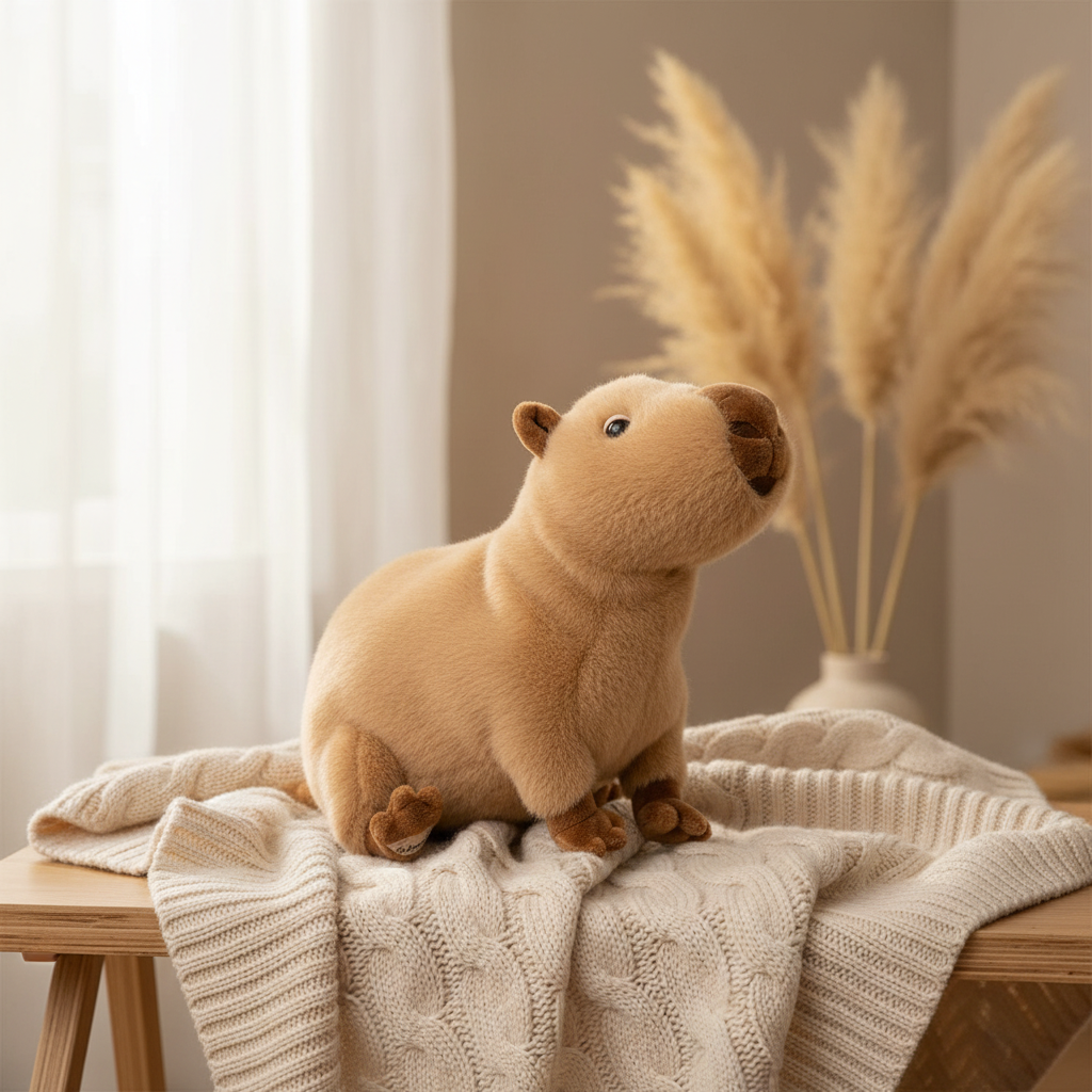 Théo peluche capybara Bukowski - décor couverture tricot crème