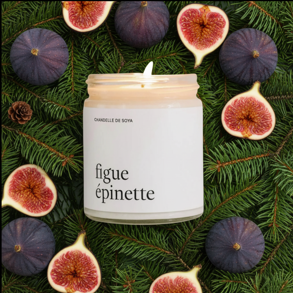 Chandelle de soya Figue Épinette Produits Marée sur fond blanc avec figues et branches d'épinette remplissant le cadre