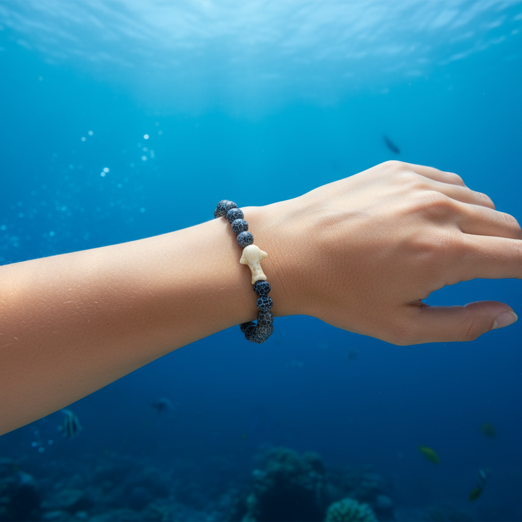 Bracelet Fahlo Requin Baleine Deep Blue porté au poignet près de l’océan
