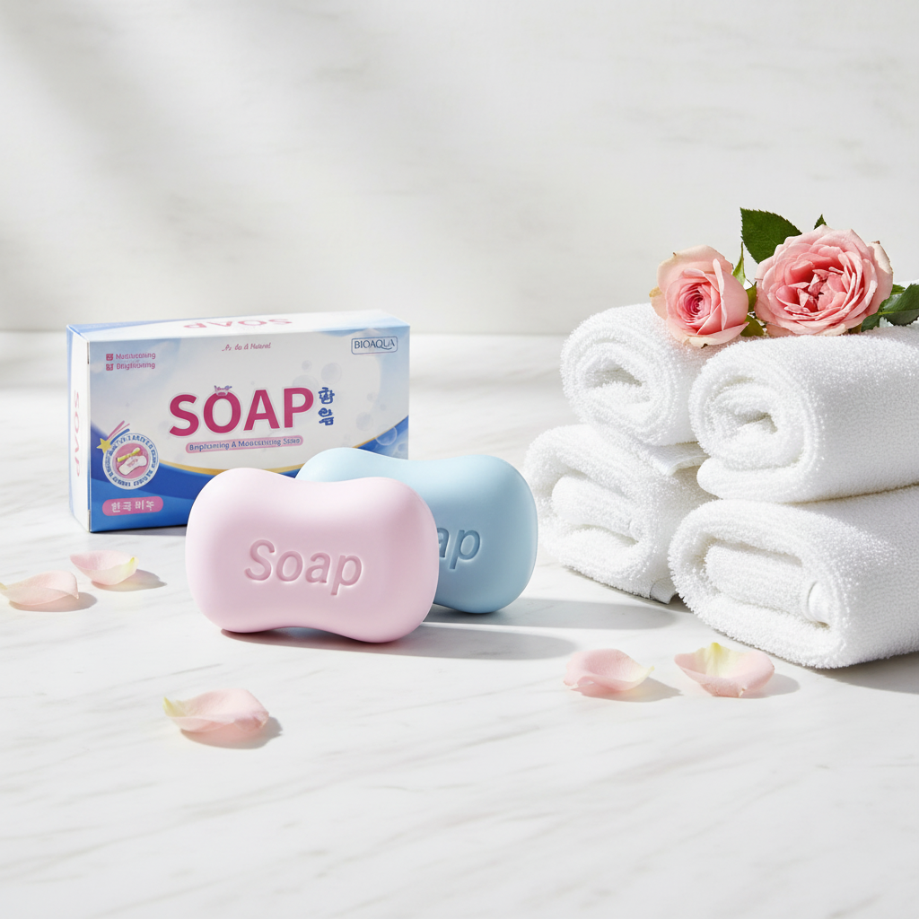 Jouet anti-stress squishy savon rose et bleu sur marbre blanc avec fleurs et serviette
