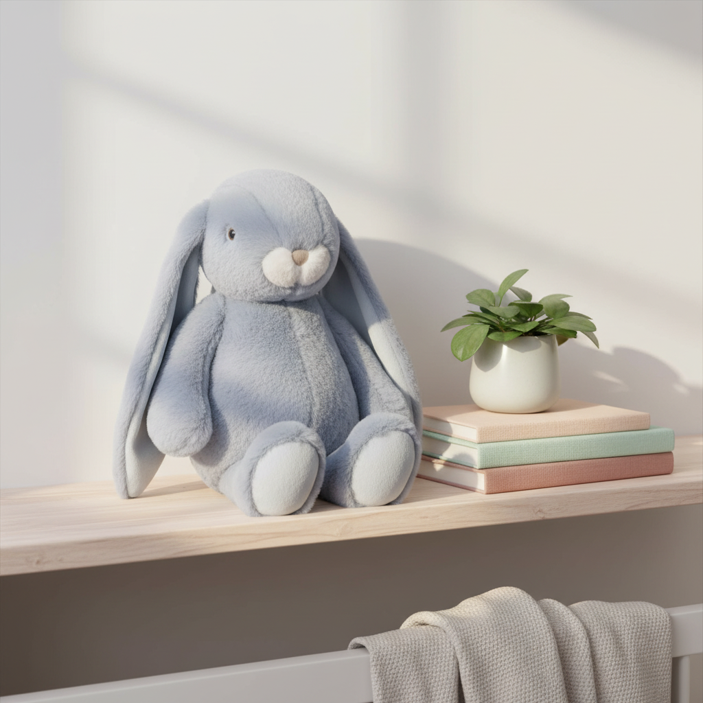 Cuddly Kanini Pearl Blue sur étagère en bois avec plante et livres