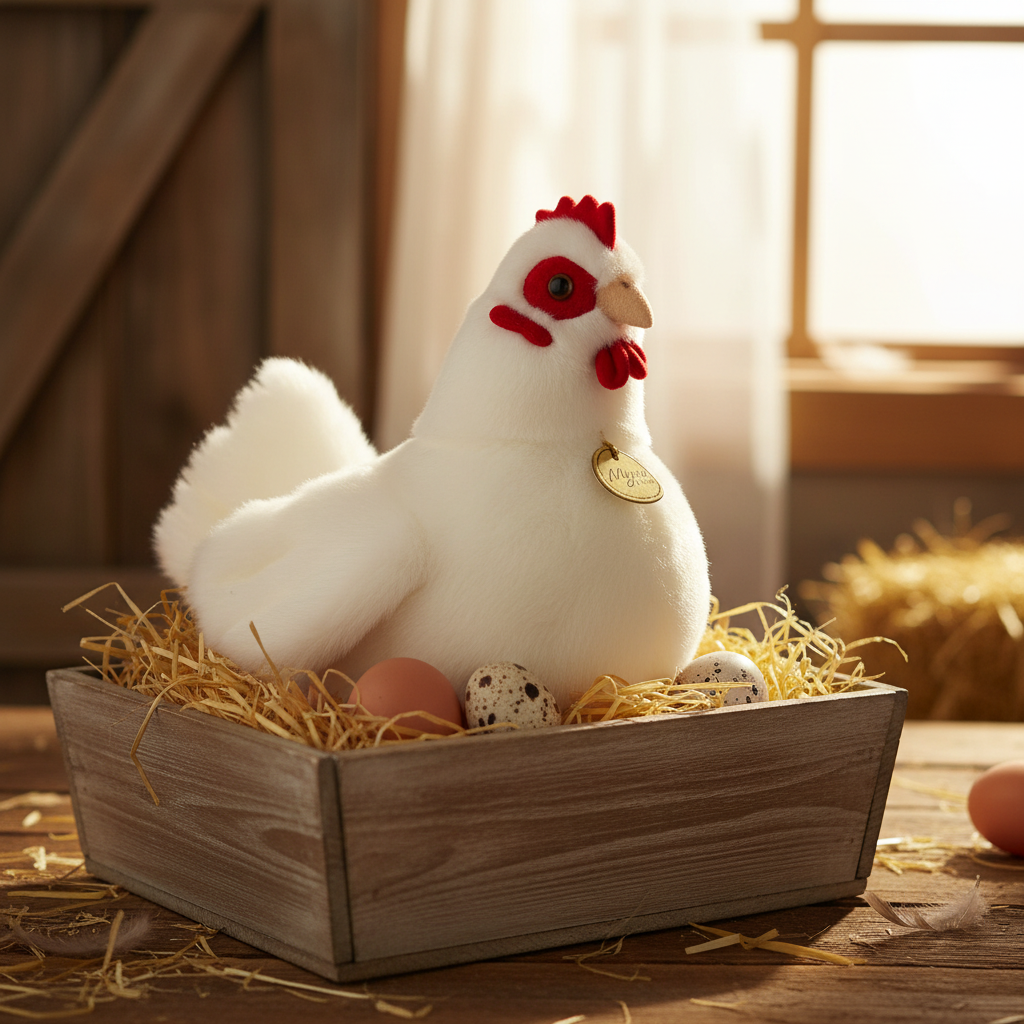 Peluche poule blanche Aurora Miyoni dans ambiance poulailler ferme lifestyle