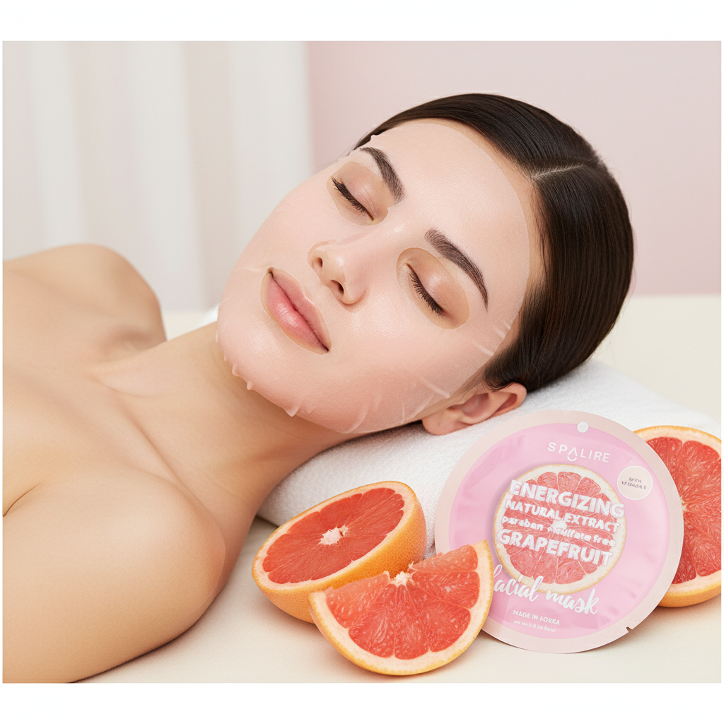 Femme portant un masque facial en tissu, tranches de pamplemousse rose à côté, ambiance spa