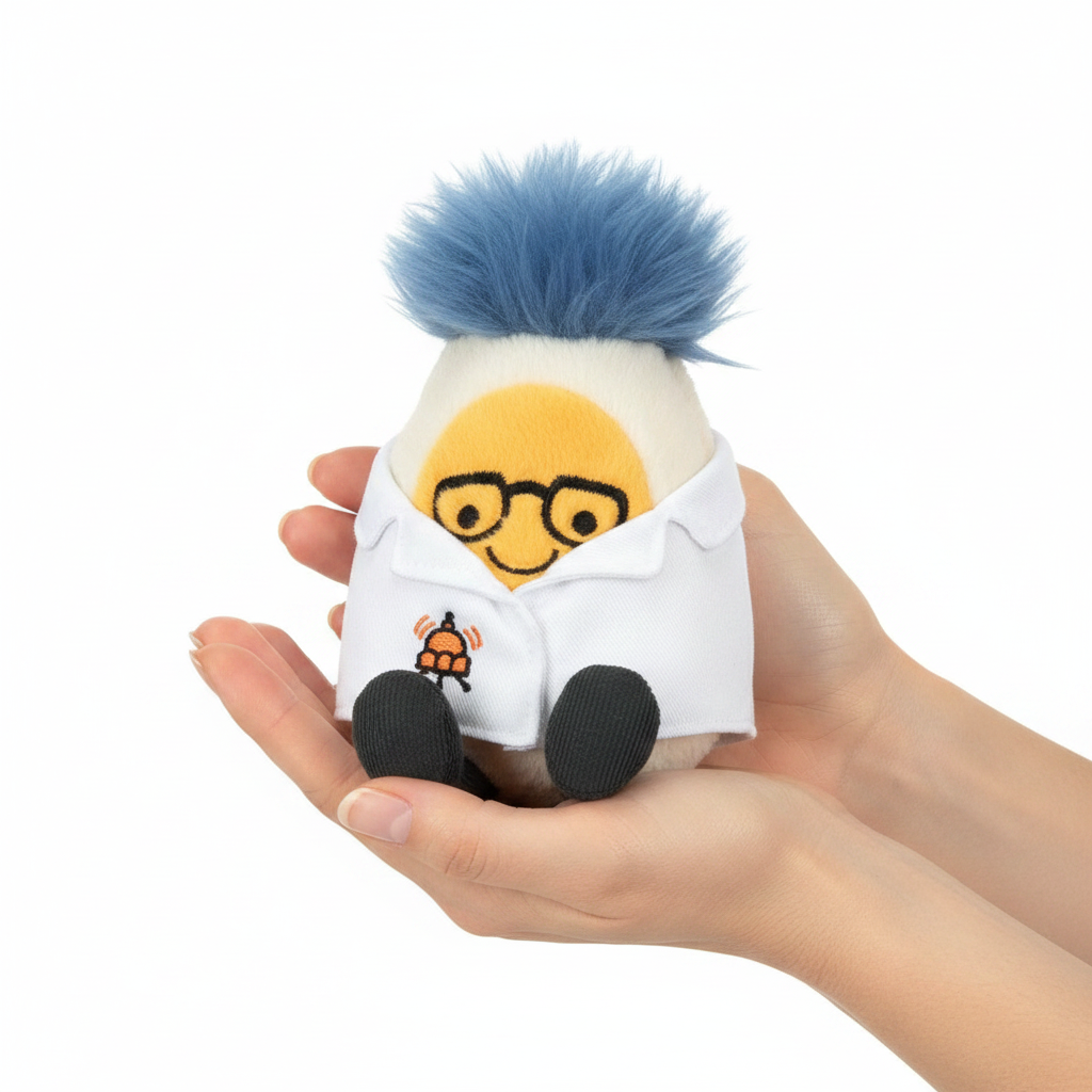 Jellycat Amuseable Boiled Egg Scientist — Peluche Œuf Scientifique tenue dans les mains