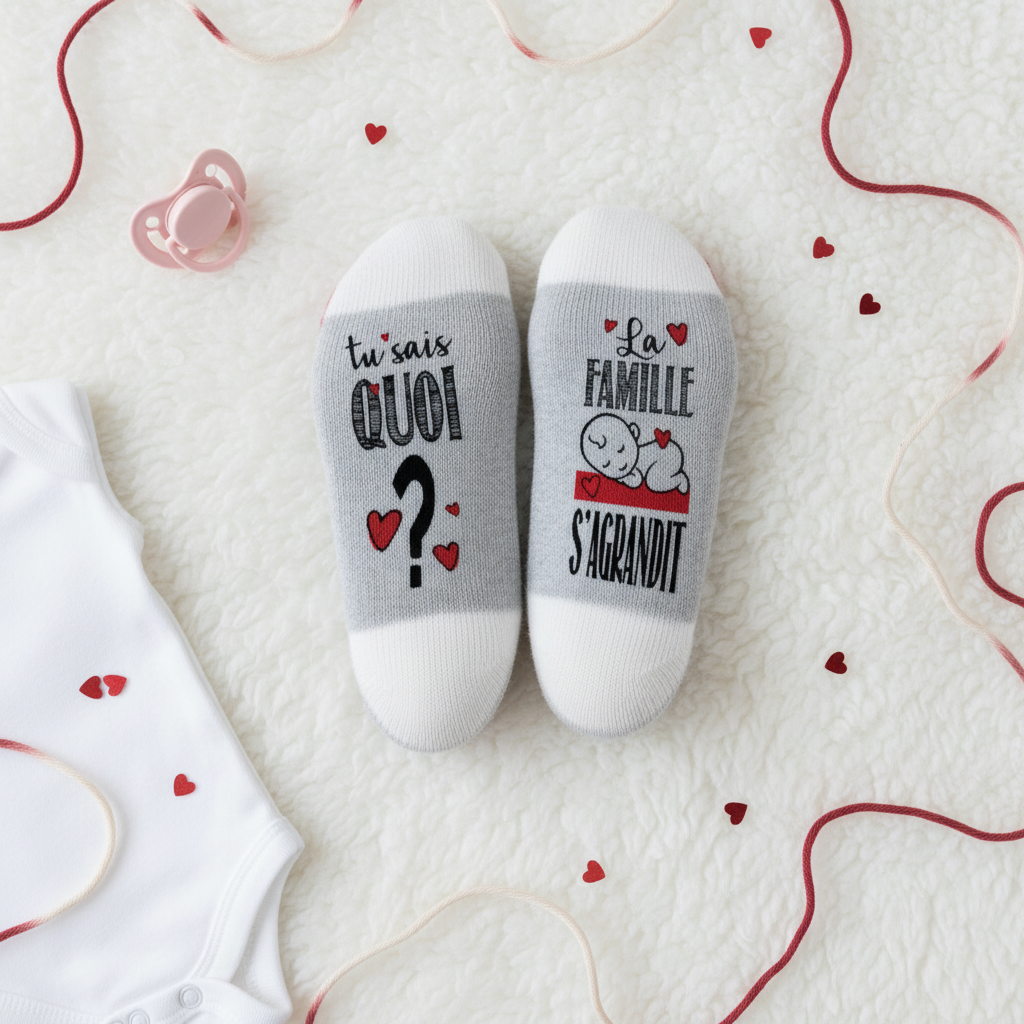 Flat lay bas de laine annonce grossesse avec accessoires bébé
