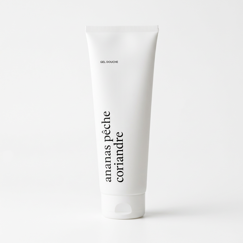 Tube de gel douche Ananas, pêche et coriandre Marée sur fond blanc
