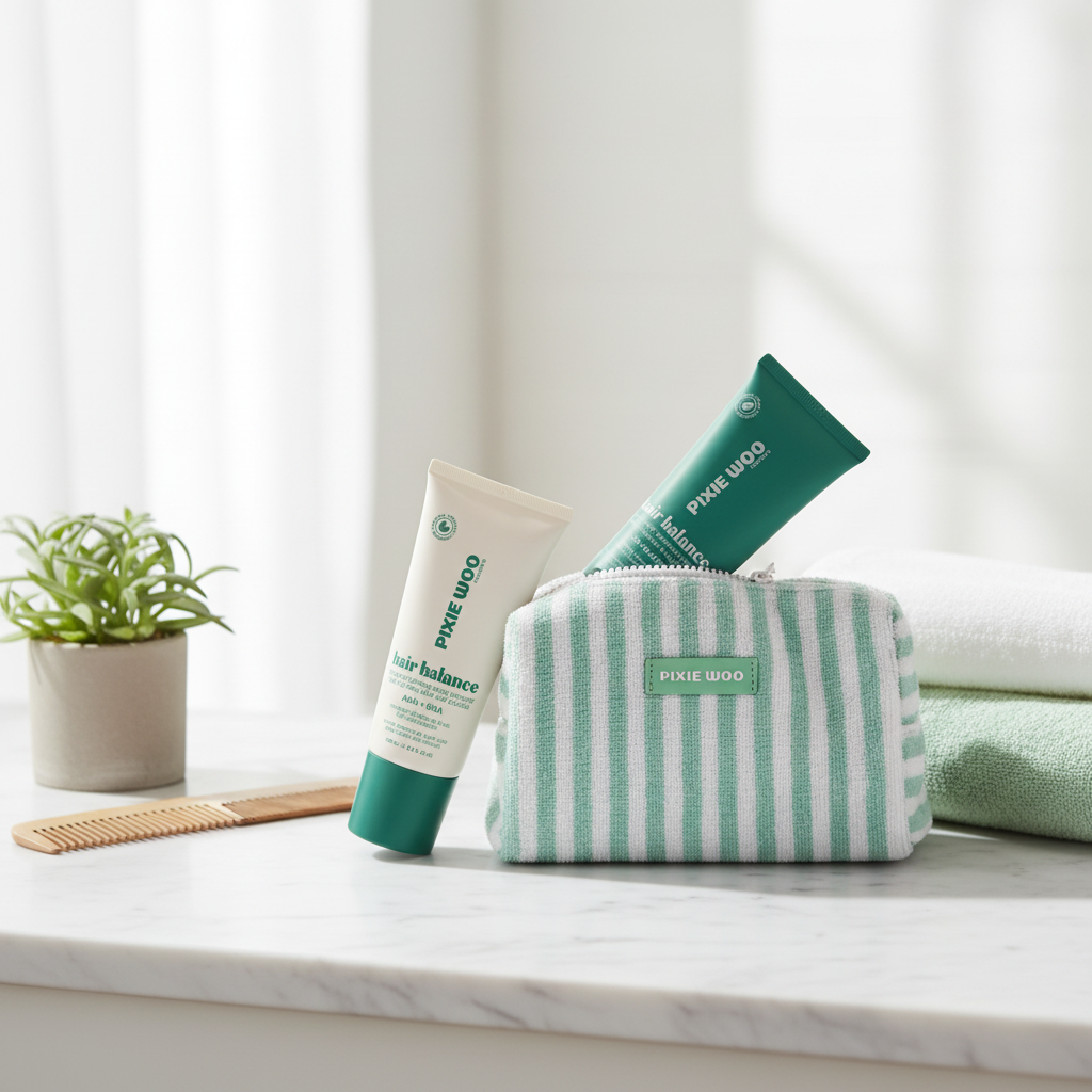 Duo Pixie Woo Hair Balance sur comptoir de salle de bain avec plantes vertes