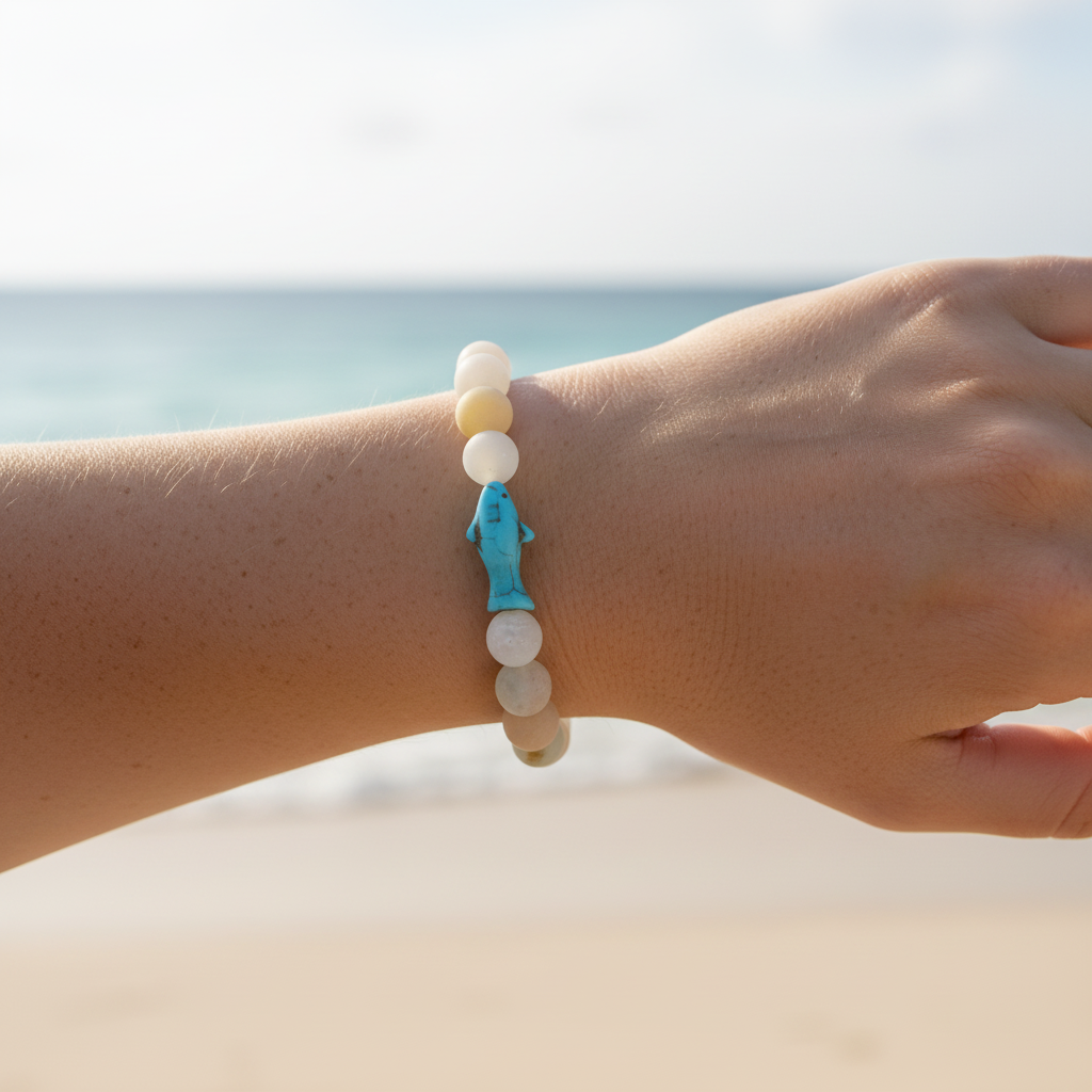 Bracelet Fahlo Requin Baleine Sky Stone porté au poignet sur plage lumineuse