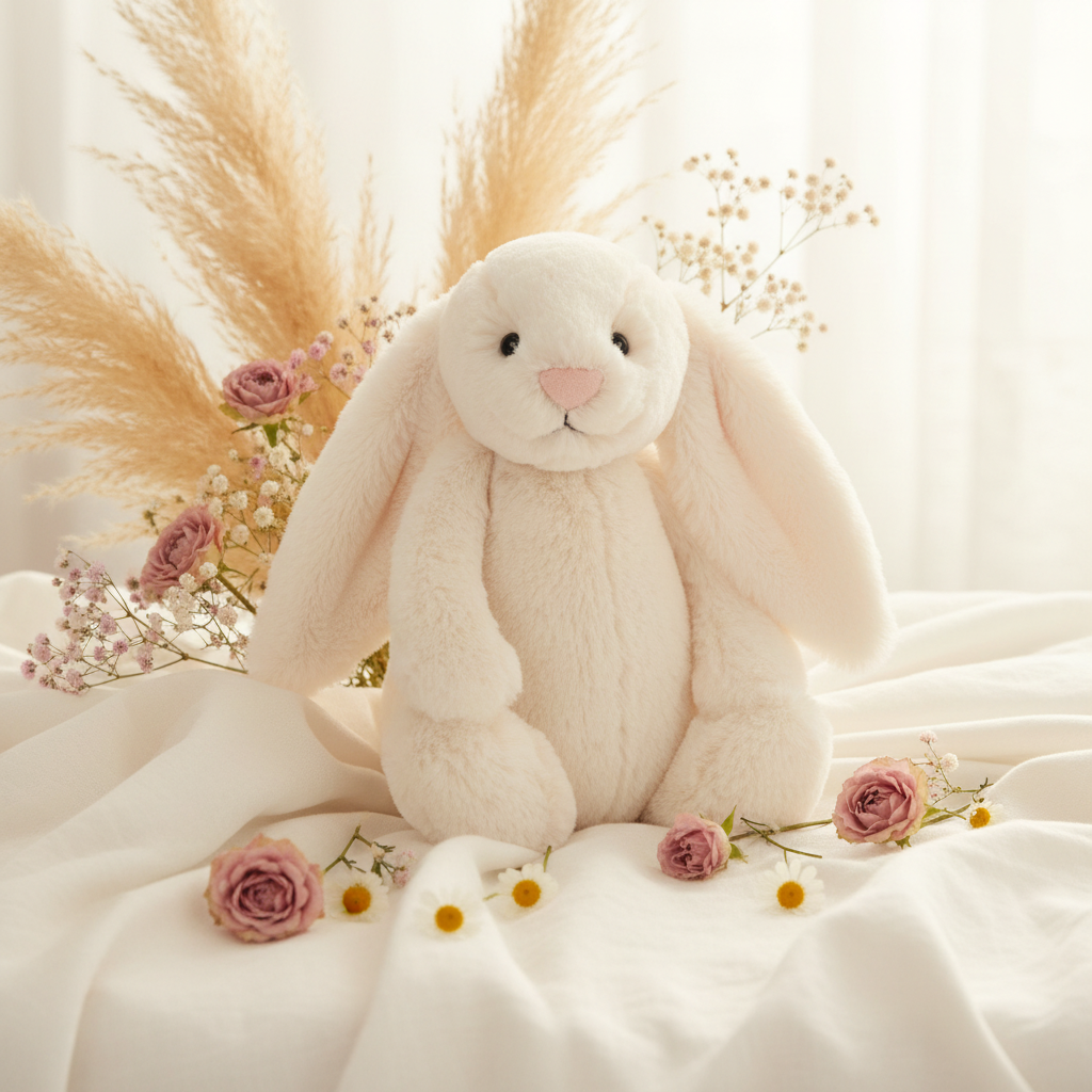 Peluche lapin Jellycat Bashful Cream Bunny dans un décor doux avec fleurs et lin blanc