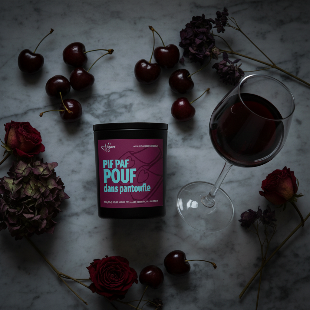 Bougie Vulgaire Pif Paf Pouf flat lay marbre sombre avec cerises et vin