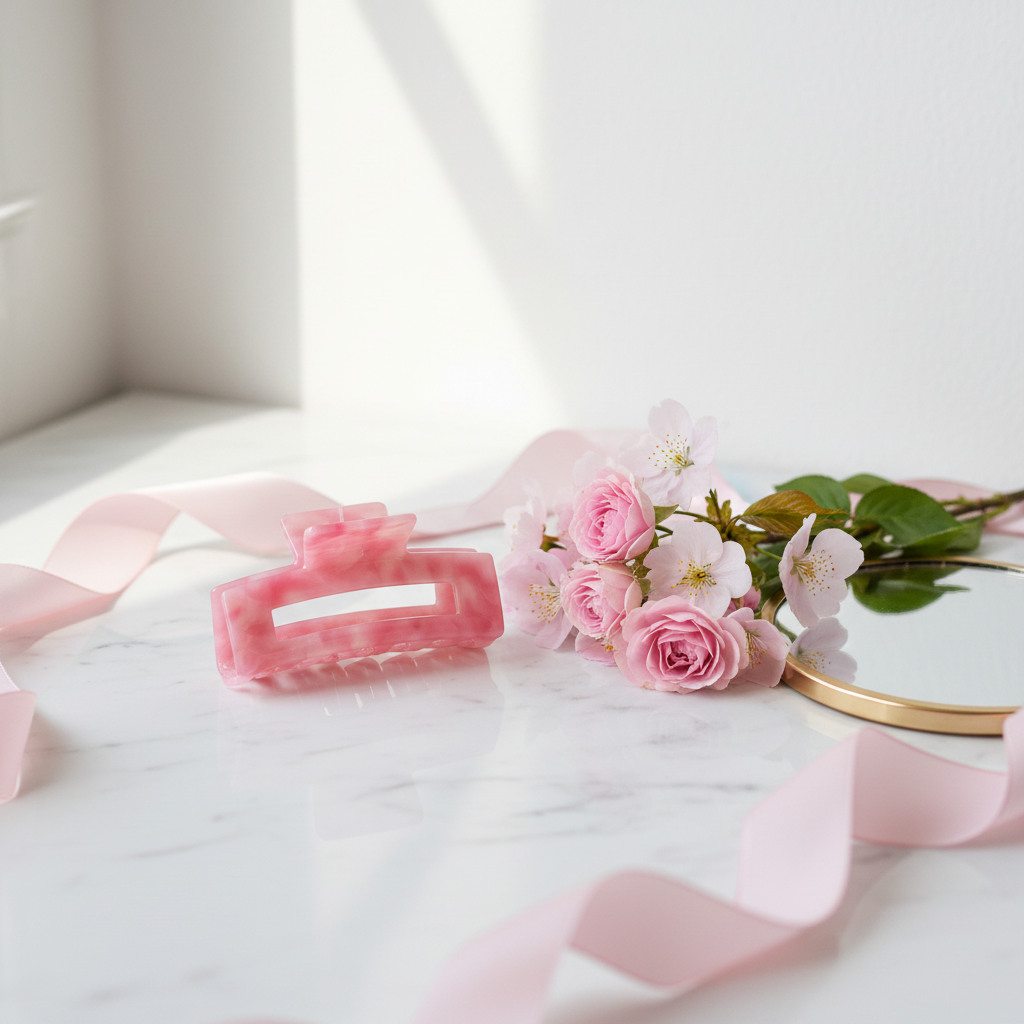 Pince Pixie Woo Valentine sur marbre blanc avec fleurs roses