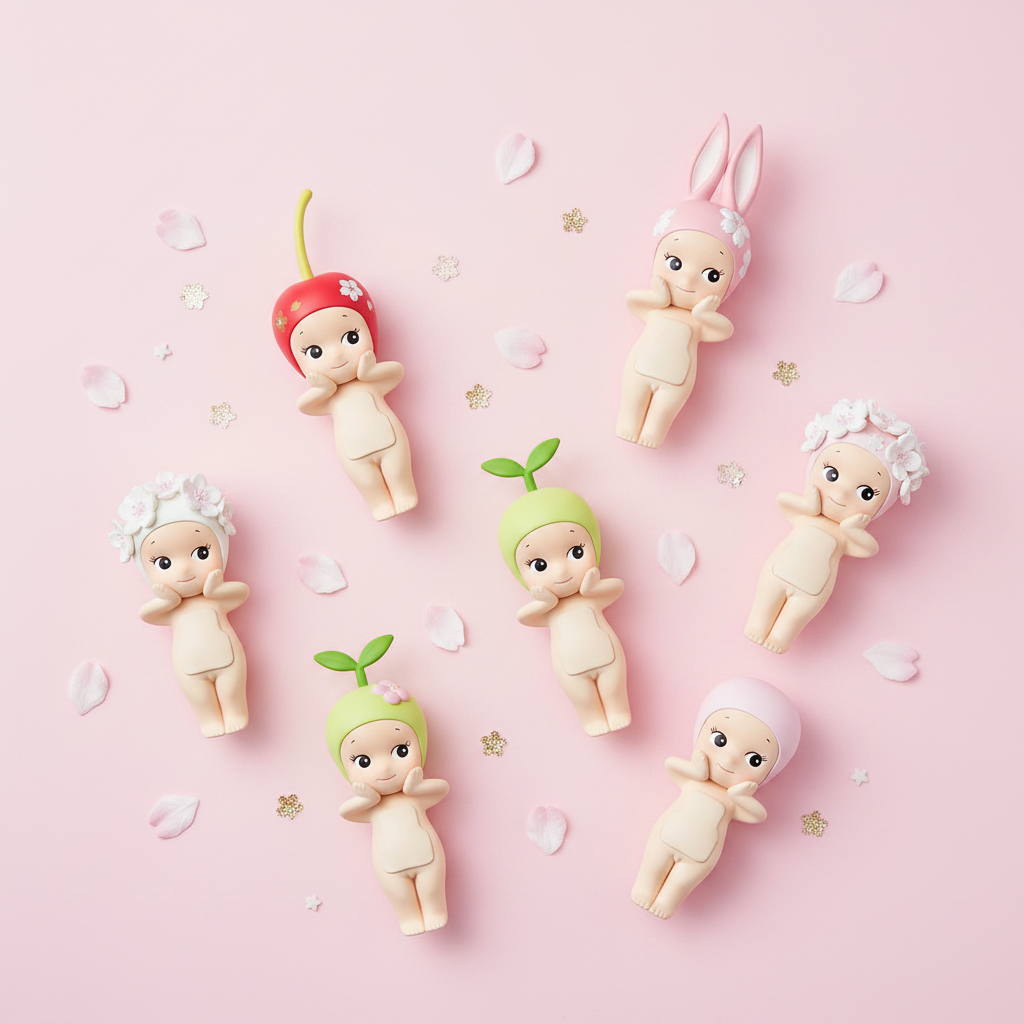 Plusieurs figurines kawaii ange Cherry Blossom Series en flat lay sur fond rose pastel avec pétales de cerisier