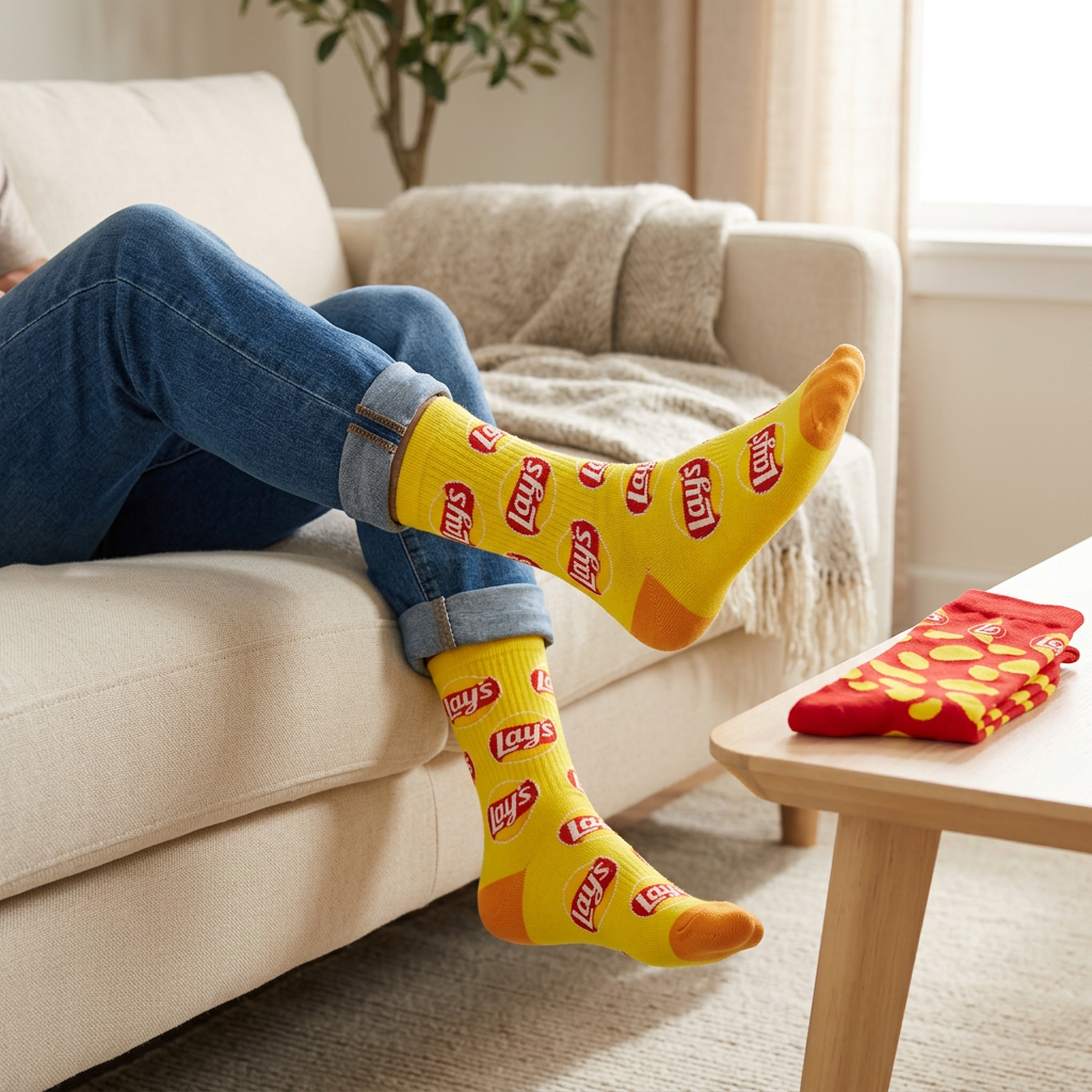 Homme en jeans portant les bas jaunes Lay’s dans un salon, avec la paire rouge à proximité.