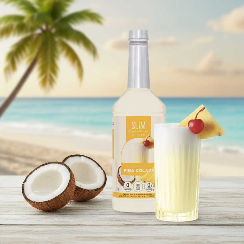 Sirop SLiM Piña Colada avec verre crémeux garni d'ananas et cerise, ambiance tropicale