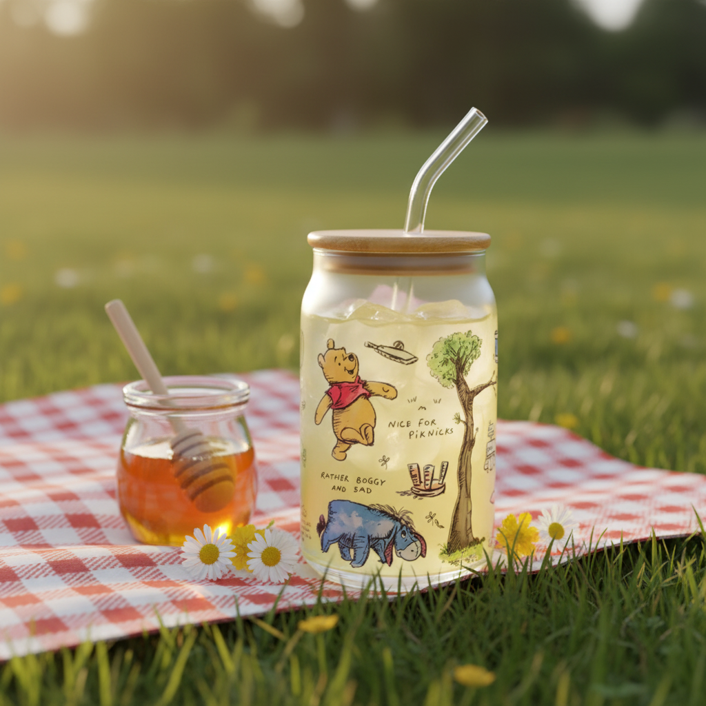 Gobelet Winnie the Pooh sur couverture de pique-nique avec pot de miel et fleurs
