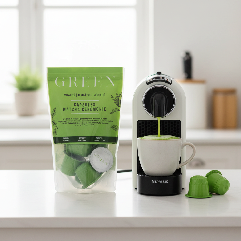 Sachet GREEN Capsules Matcha Cérémonie avec machine Nespresso et latte vert