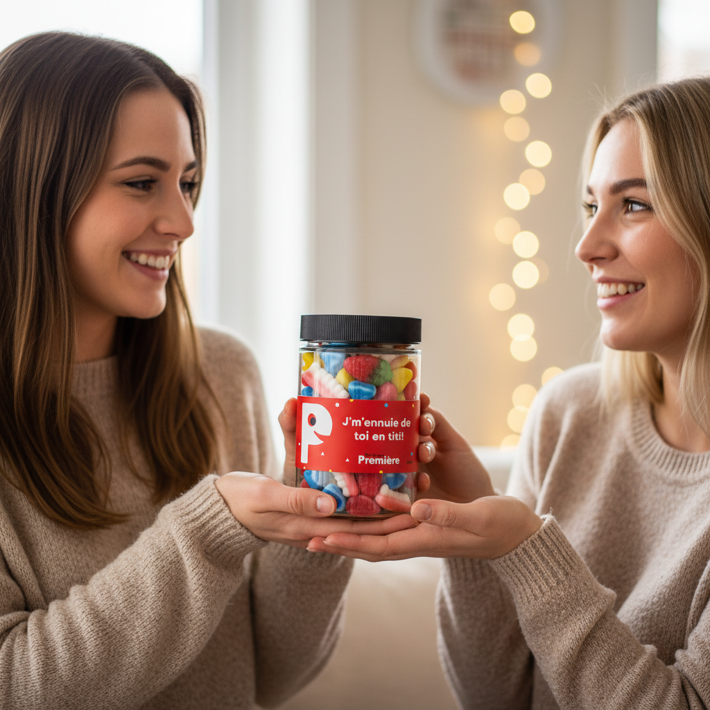Femme offrant un pot de jujubes J'm'ennuie de toi en titi à son amie