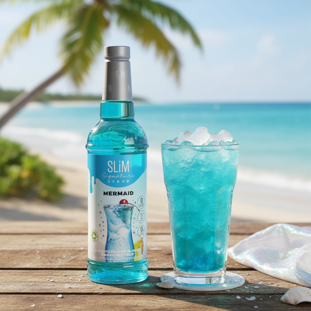 Sirop SLiM Mermaid avec cocktail bleu glacé, ambiance tropicale mer