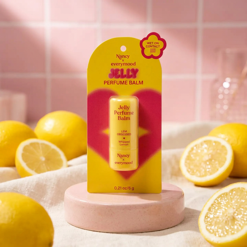 Mini baume parfumé citron dans son emballage individuel, dans un décor beauté rose et jaune avec des citrons.