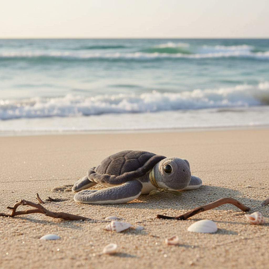 Peluche tortue de mer bébé Aurora dans ambiance plage lifestyle