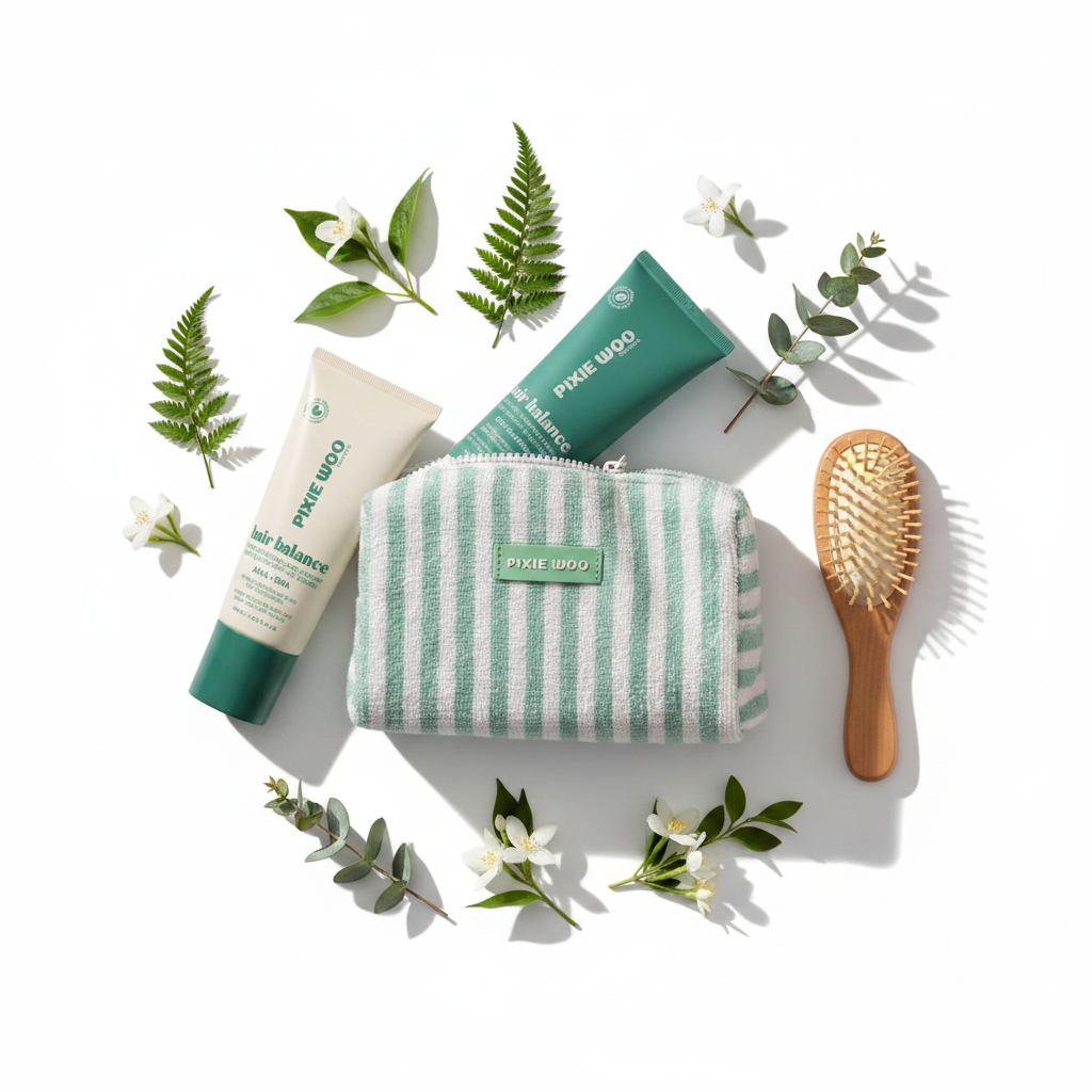Duo Pixie Woo Hair Balance flat lay avec feuilles botaniques et brosse en bois