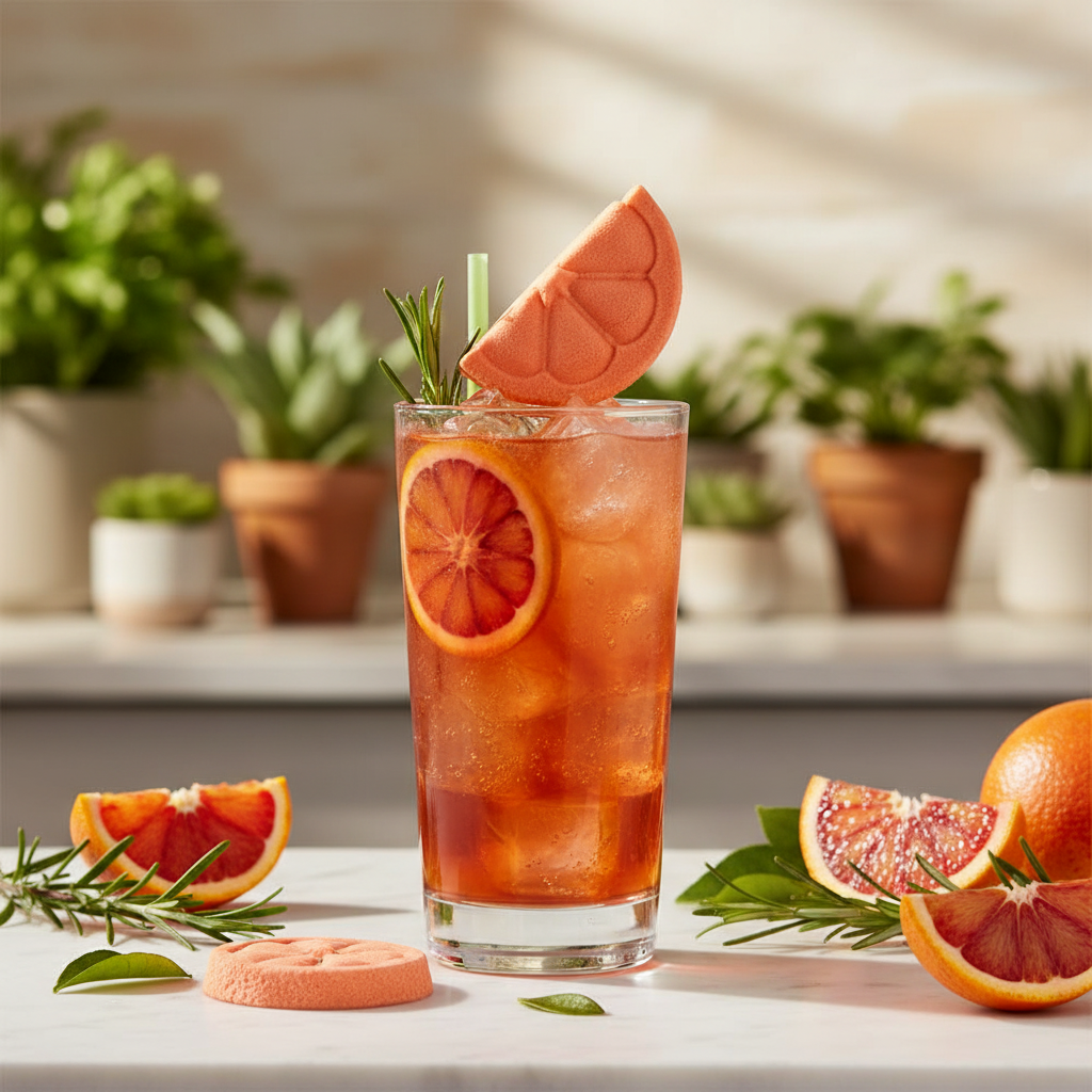 Bombes Gin Tonic orange sanguine dans un verre avec romarin et glaçons, ambiance botanique