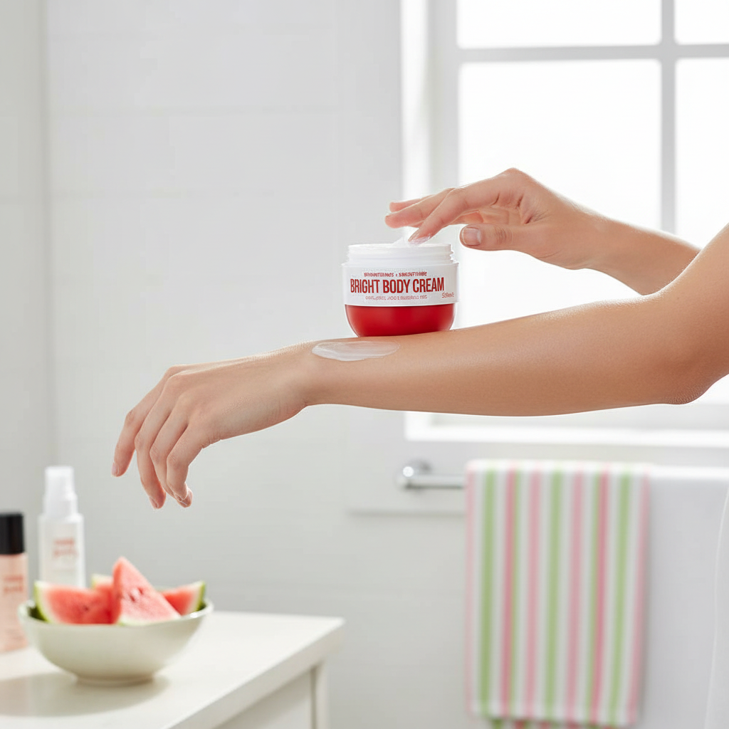 Femme qui applique la crème corps Summer Beauty sur sa peau lumineuse et uniforme