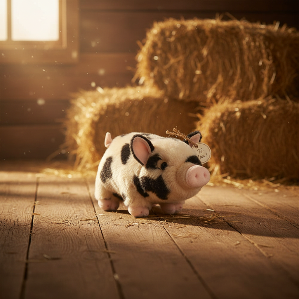 Peluche cochon pot-bellied tacheté Aurora Miyoni dans ambiance ferme rustique lifestyle