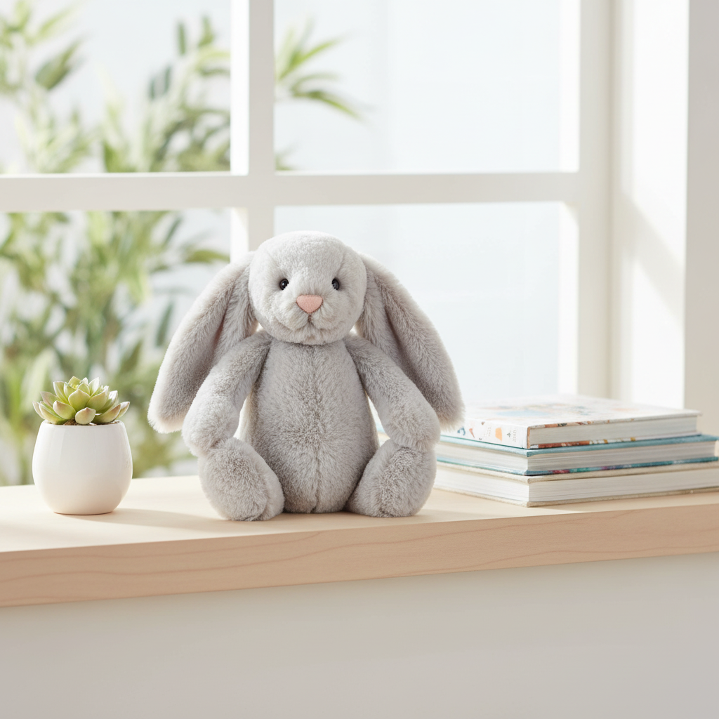 Jellycat Bashful Grey Bunny — Peluche lapin gris en ambiance moderne avec étagère et plantes