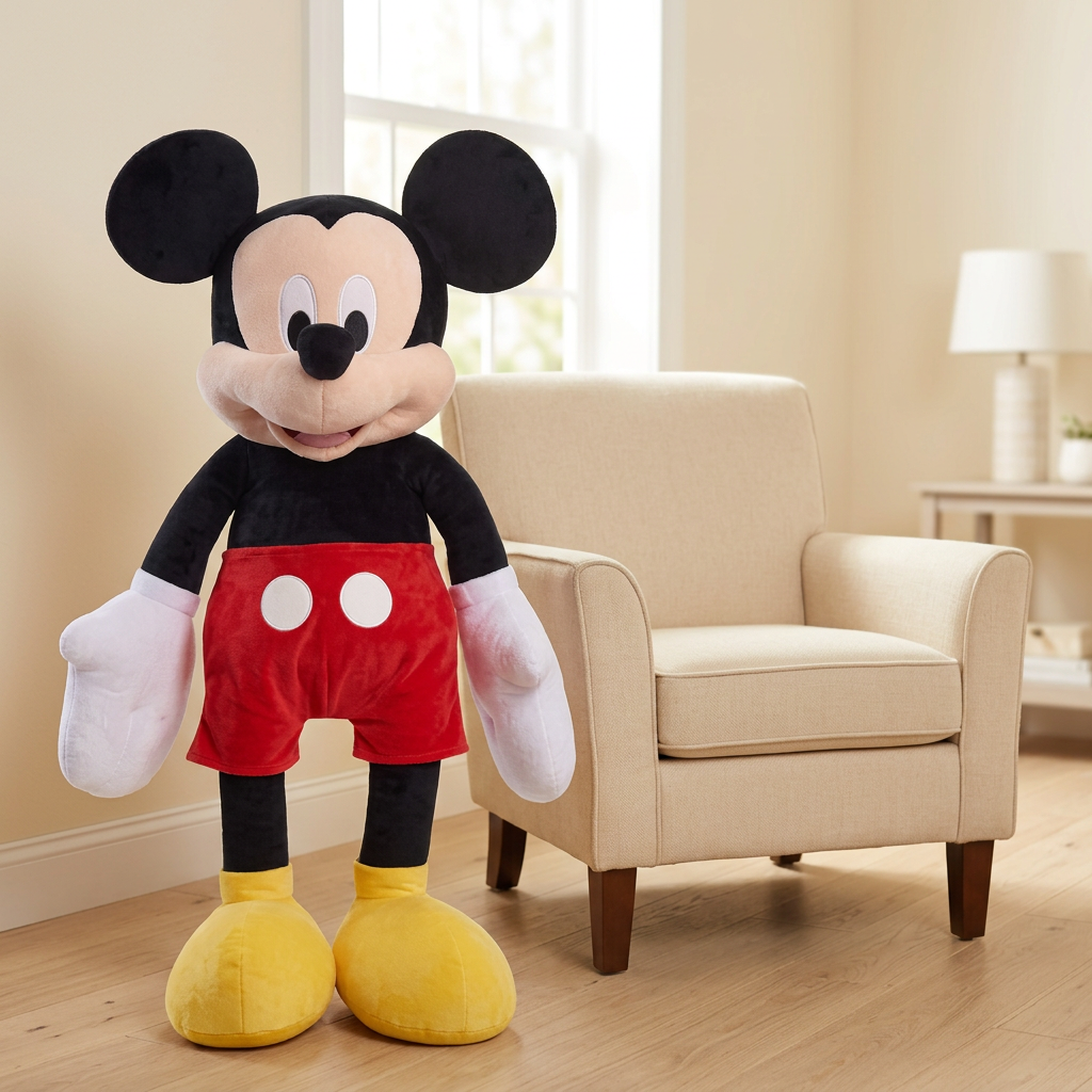 Mise en scène de la peluche Mickey Mouse géante à côté d’un fauteuil dans un coin lecture.