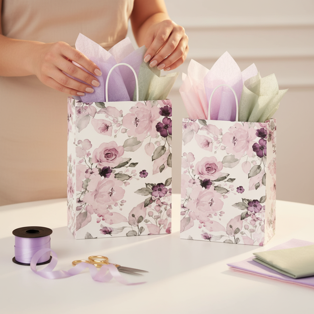 Mains arrangeant le papier de soie dans un sac cadeau fleuri