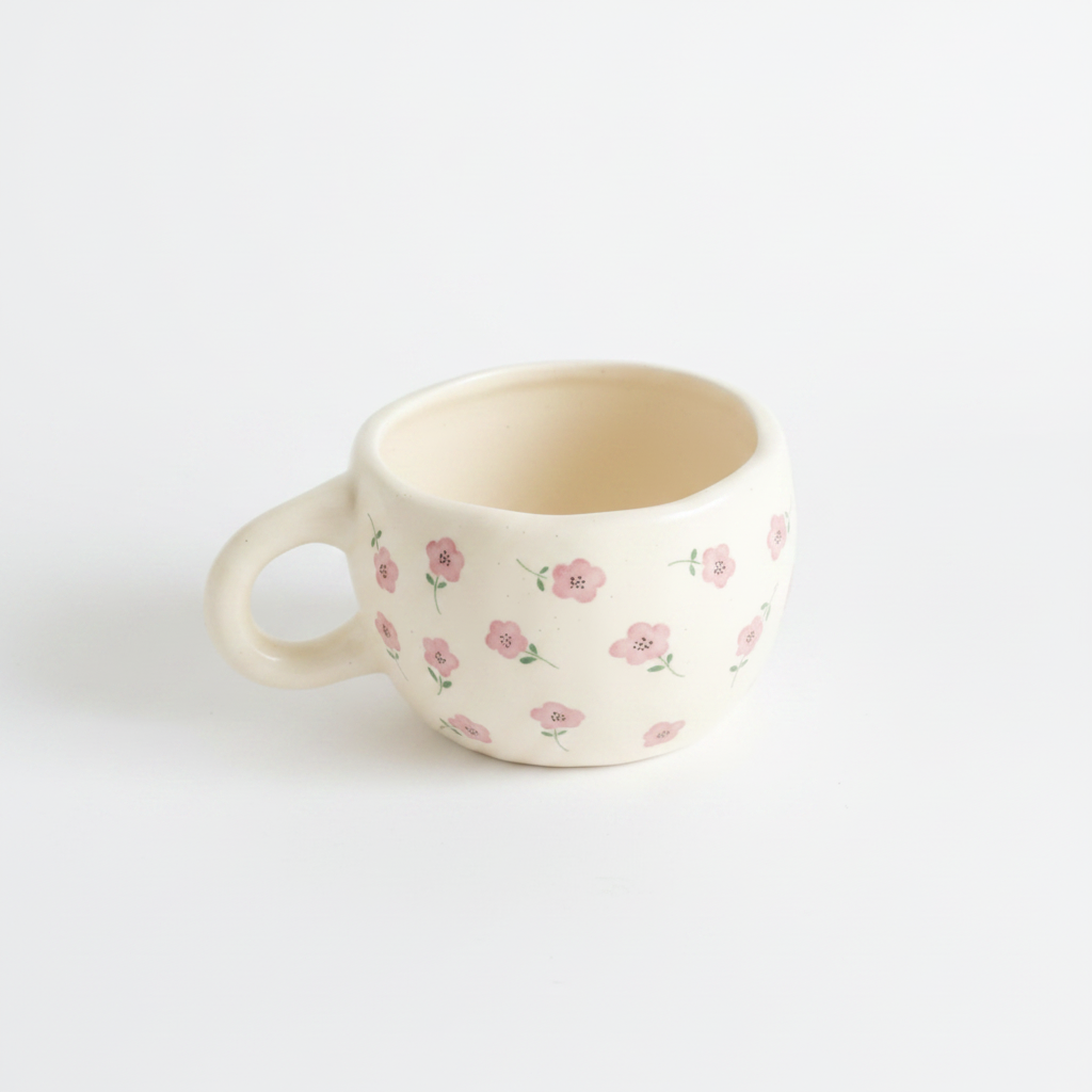Tasse Roseline avec motifs floraux roses sur fond blanc