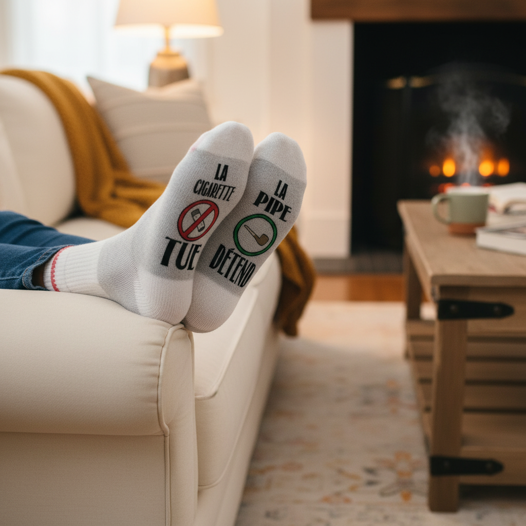 Bas de laine humoristiques pieds levés sur canapé lifestyle