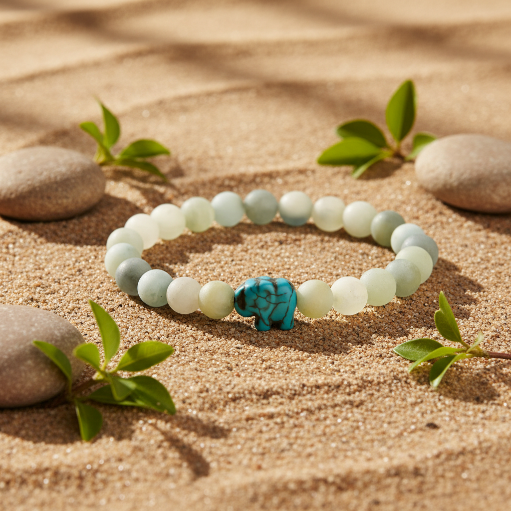 Bracelet Fahlo Éléphant Sky Stone sur sable avec galets et feuilles