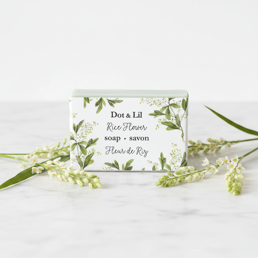 Savon Fleur de Riz Dot & Lil sur marbre avec fleurs blanches