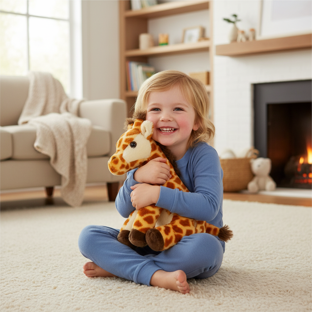 Enfant câlinant la peluche girafe Fahlo