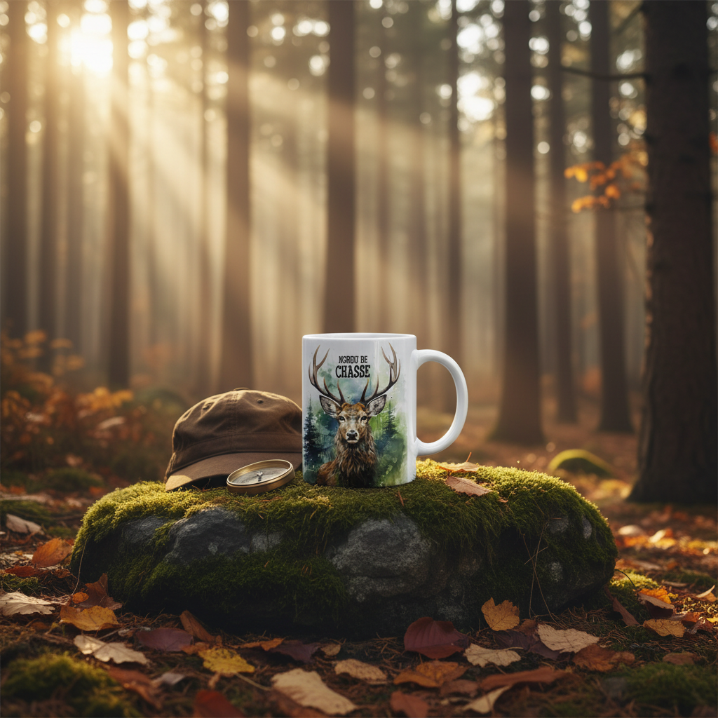 Tasse Mordu de Chasse Chevreuil - décor forêt automnale québécoise
