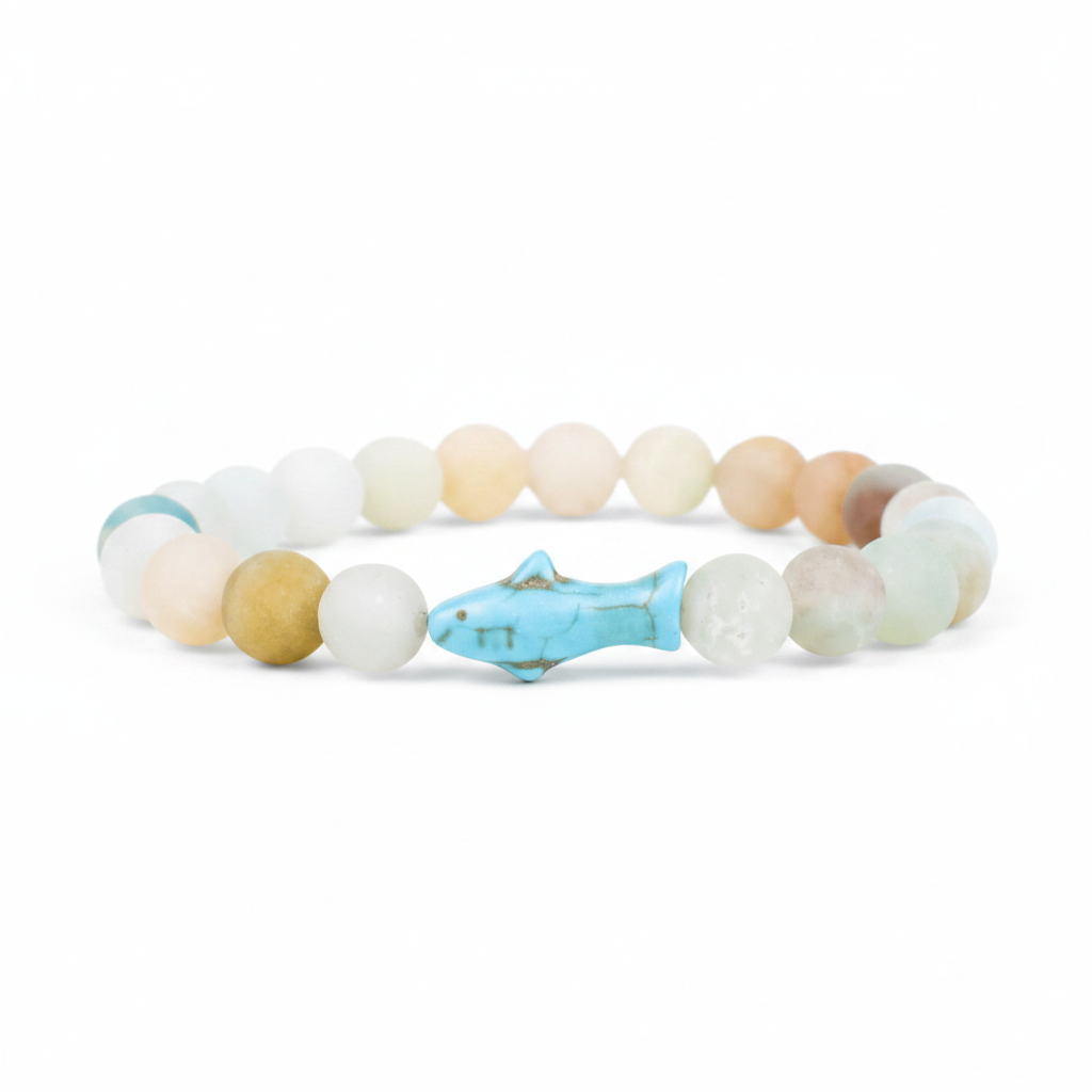 Bracelet Fahlo Requin Baleine Sky Stone perles crème sur fond blanc