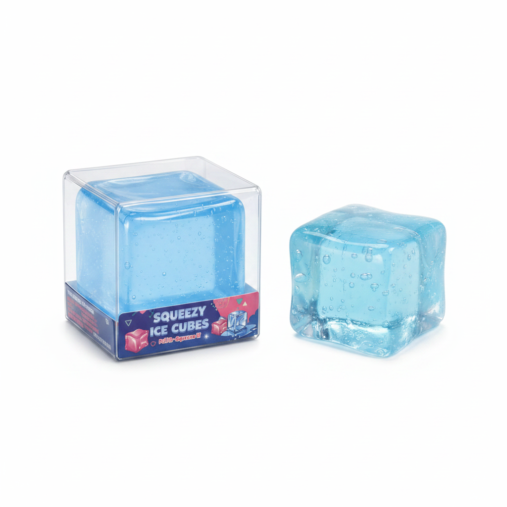 Cube de glace squishy bleu translucide à côté de son emballage transparent