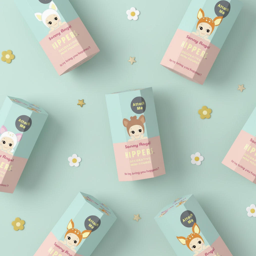 Plusieurs boîtes Hippers Mini Figures Bambi en flat lay sur fond menthe pastel avec fleurs et étoiles