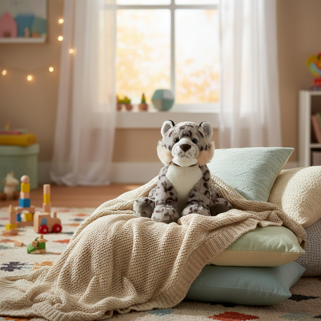 Peluche léopard des neiges dans une chambre d'enfant cosy