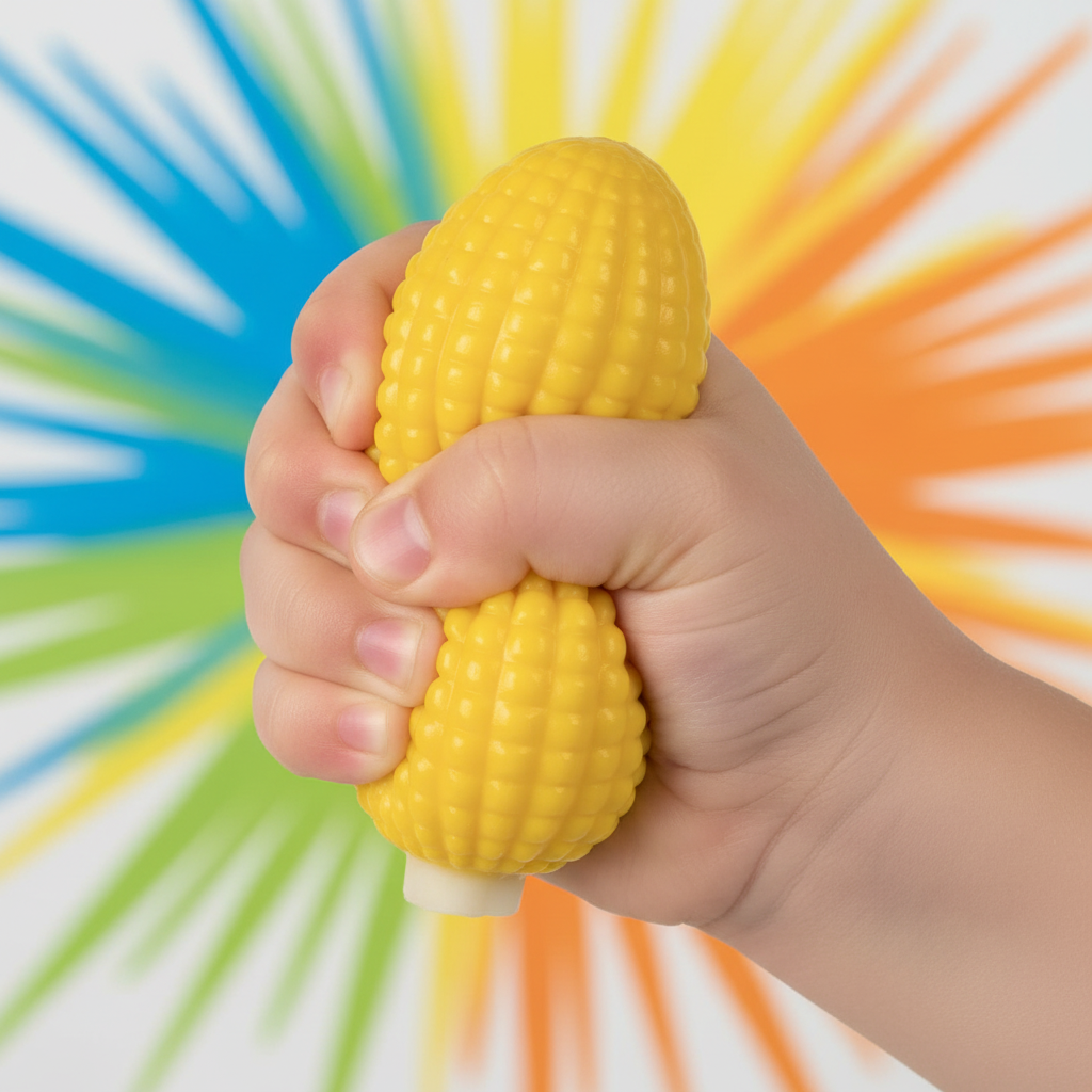 Main qui squeeze le jouet squishy épi de maïs jaune